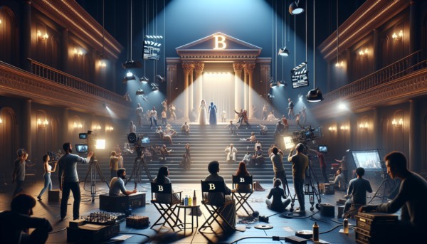 Acteur en B sur un plateau de cinéma avec des lumières vives, une équipe occupée en arrière-plan, des chaises de réalisateur ornées de la lettre "B", une ardoise avec un titre de film fictif commençant par "B", des costumes et des scripts théâtraux éparpillés. Scène dramatique, détails 3D réalistes.