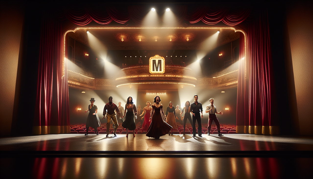 Acteur en M sur scène, passionné, avec des projecteurs, rideaux rouges et une marquée "M" élégante. Ambiance dynamique, détails nets.