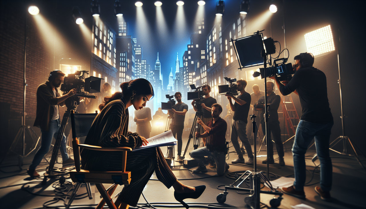 Acteur en N - image d'un acteur concentré lisant le script pendant une scène de tournage nocturne, entouré de matériel de tournage professionnel.