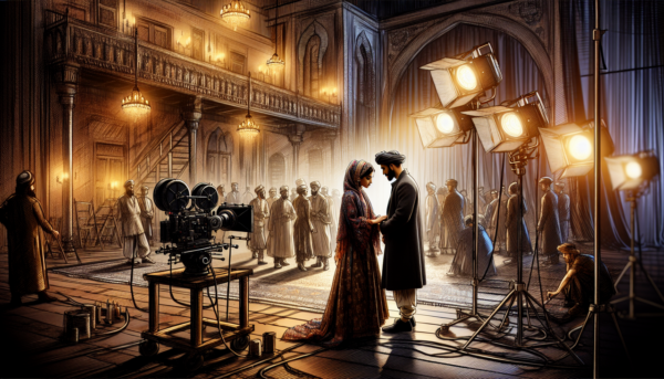 Acteur en Q : Scène dramatique avec acteurs en costumes d'époque sur un plateau de tournage, ambiance animée avec équipement de caméra et éclairage, mettant en valeur les détails historiques et l'architecture vintage.
