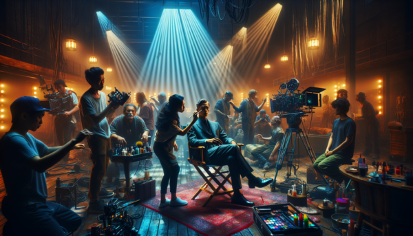 Acteur en T dans un décor de film hollywoodien avec une équipe de tournage occupée.
