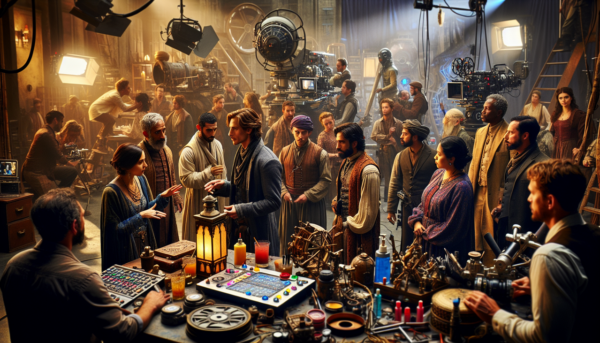 Acteur en U sur un plateau de tournage avec divers costumes, maquilleurs et accessoires. Ambiance dynamique et colorée.