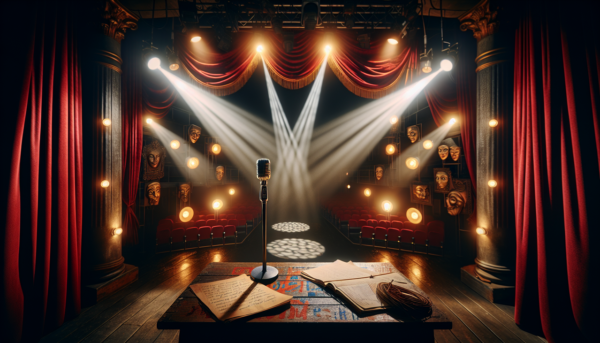 Acteur en V : Scène de théâtre rétro avec des projecteurs, un rideau de velours rouge et des masques de théâtre suspendus au mur. Scénarios d'acteurs sur une table en bois, un micro vintage. Ambiance chaleureuse et nostalgique.