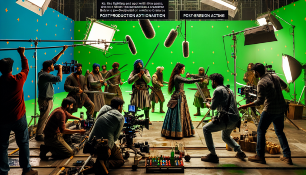 Acteur en Y interagissant avec des créatures imaginaires pendant le tournage d'une scène médiévale fantaisiste. La magie du métier d'acteur est mise en valeur avec un magnifique costume orné et une épée. Image immersive avec éclairage et saturation des couleurs améliorés.