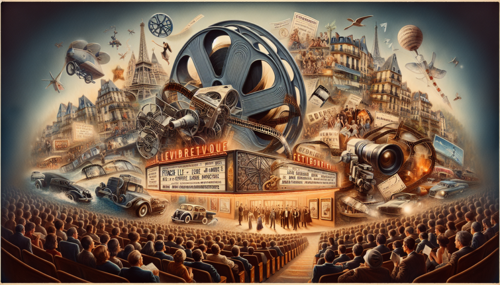 Film en E : Parisian movie theater, film reels, tickets - French cinema culture, nostalgic, vibrant ambiance.