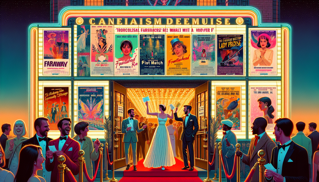 Affiche films "Fargo," "Fight Club," "Forrest Gump," "La Femme Nikita," et "Le Fabuleux Destin d'Amélie Poulain" devant cinéma.