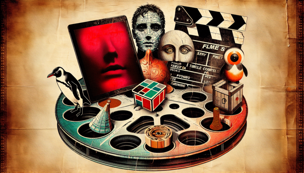 Film en P : Collage d'éléments emblématiques de films, sur un vieux bobine, avec pilule rouge, visage peint, toupie, boîte mystérieuse et pingouin.