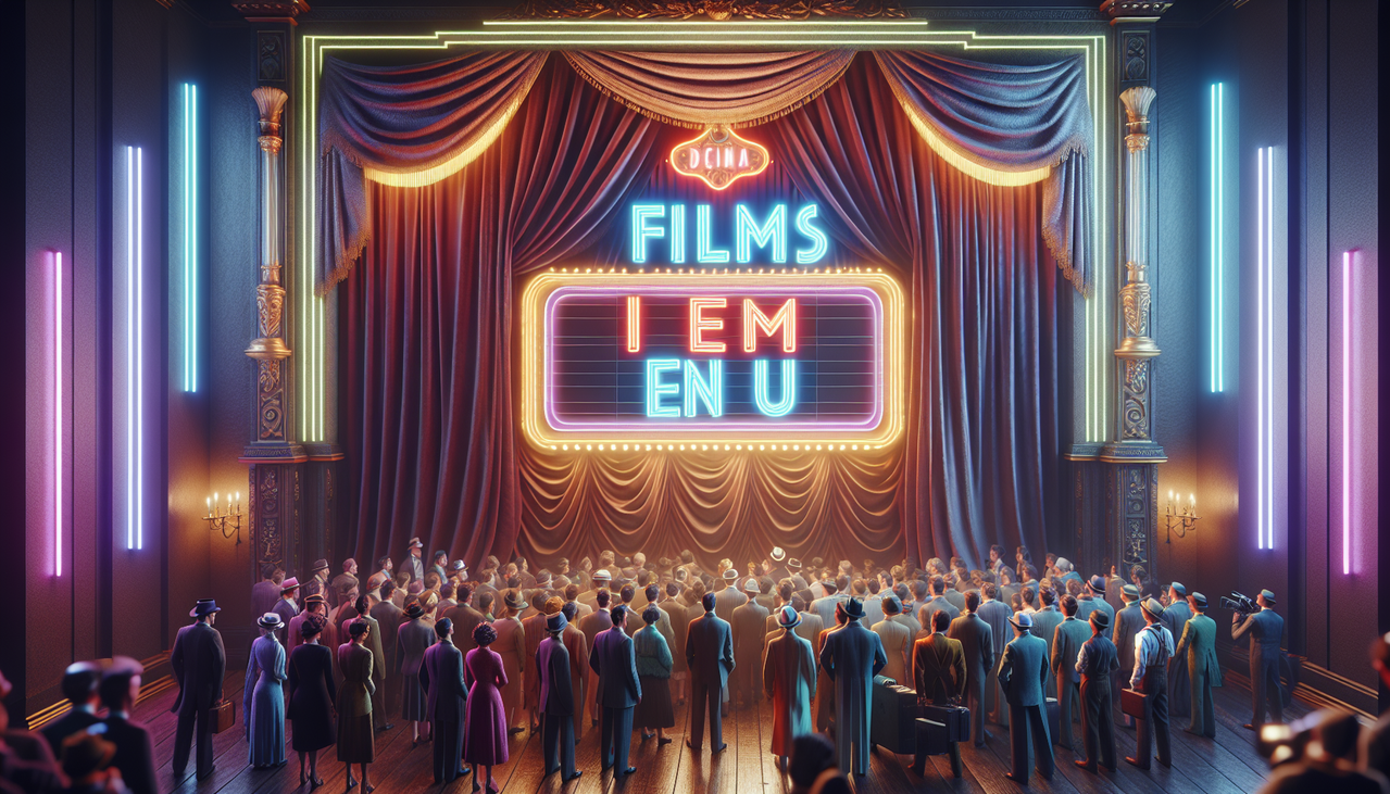 Affiche « Films en U » sur une marquise cinéma vintage avec des lumières néon.