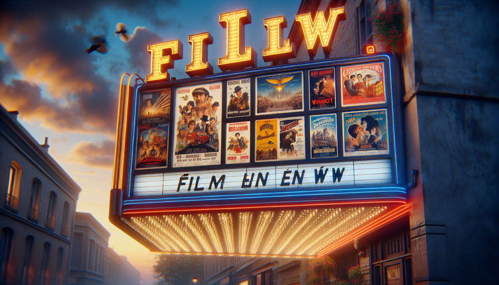 Affiche "Film en W" sur un panneau de cinéma vintage avec des affiches de films français commençant par W.