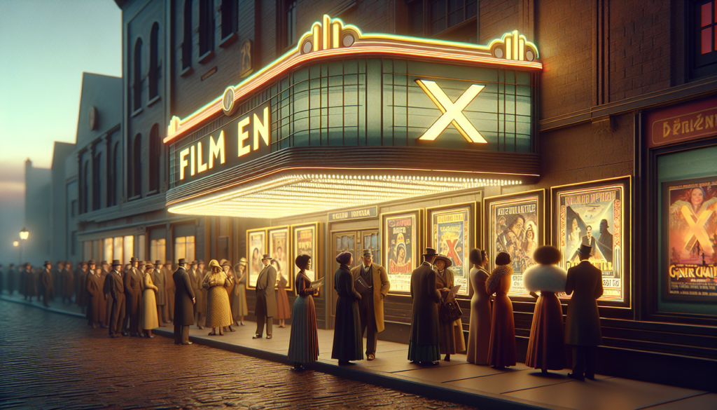 Affiche "Film en X" au néon, entouré de posters de films contenant la lettre "X" dans des polices stylisées.