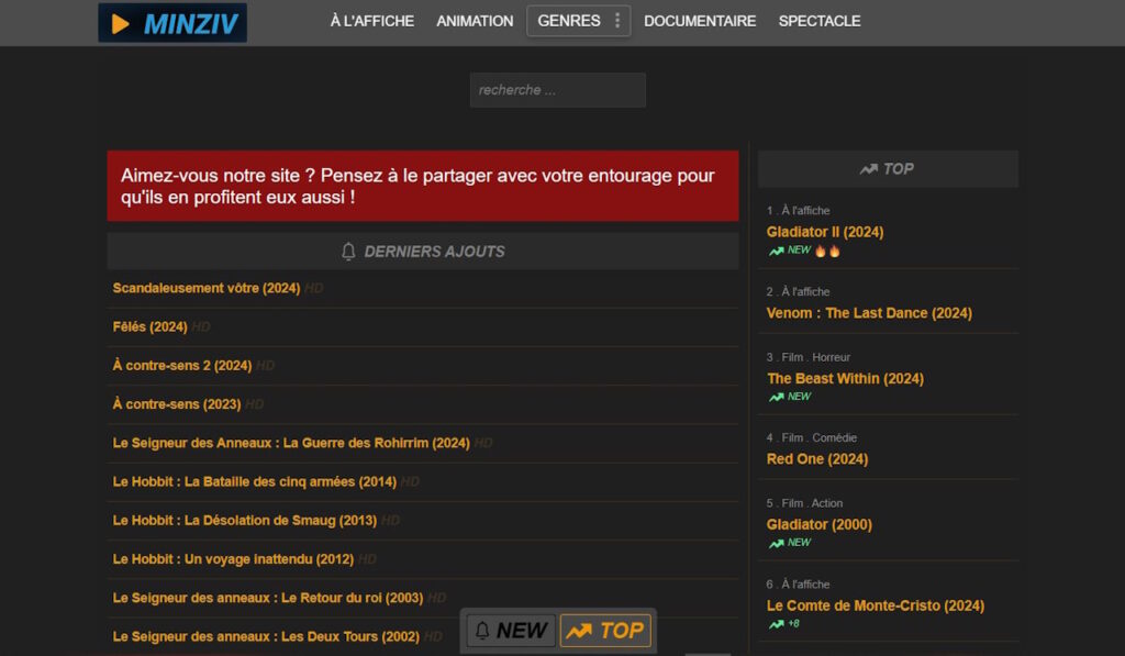 Nouvelle adresse de Minziv en mai 2025 - site de streaming mis à jour