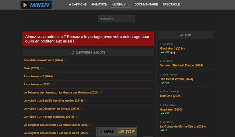 Nouvelle adresse de Minziv en mai 2025 - site de streaming mis à jour