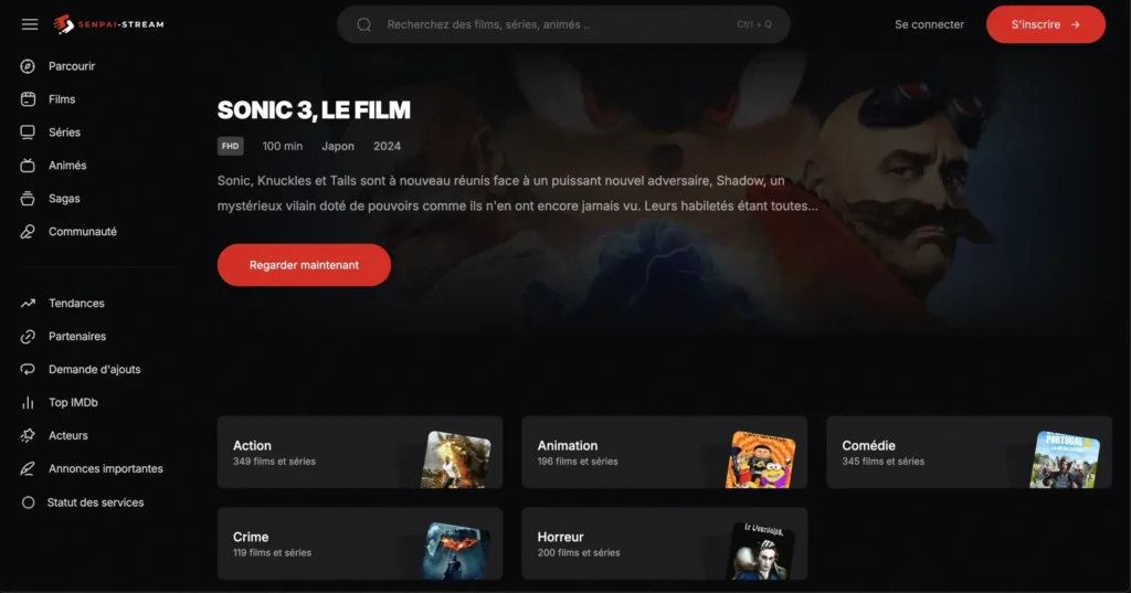 Interface du site Senpai Stream affichant sa nouvelle adresse officielle en mai 2025