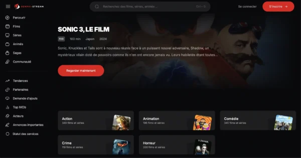 Interface du site Senpai Stream affichant sa nouvelle adresse officielle en mai 2025
