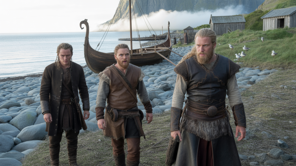 Scène réaliste de guerriers vikings sur une côte scandinave au lever du jour, avec un drakkar, des costumes authentiques et une lumière naturelle.
