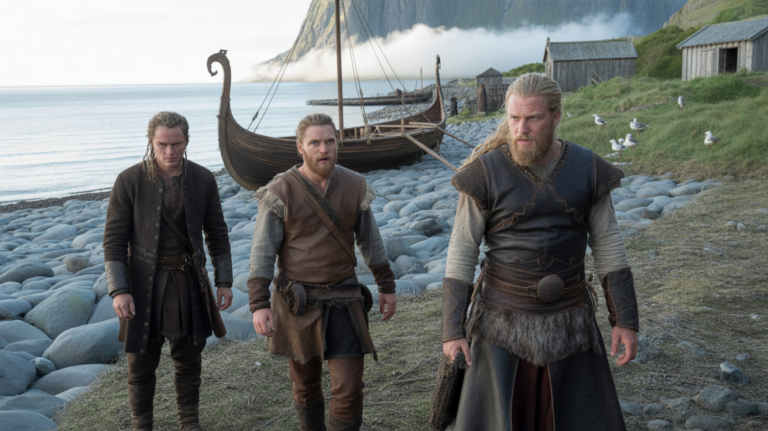 Scène réaliste de guerriers vikings sur une côte scandinave au lever du jour, avec un drakkar, des costumes authentiques et une lumière naturelle.